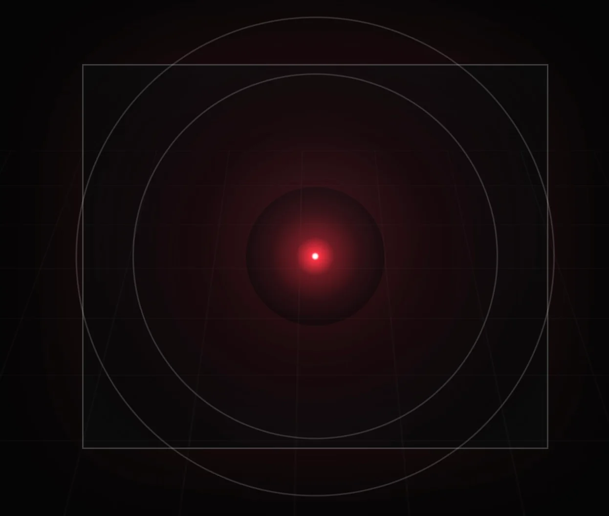 Abstract representation of artificial intelligence: a red central point within a dark sphere and geometric rings.