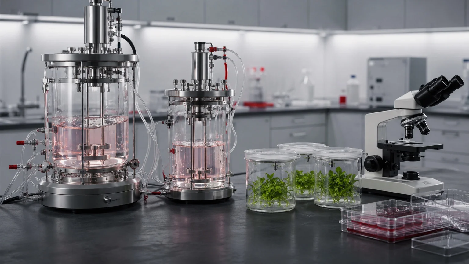 Illustration of a biotechnology laboratory with glass bioreactors, plant cultures, a microscope and culture trays.