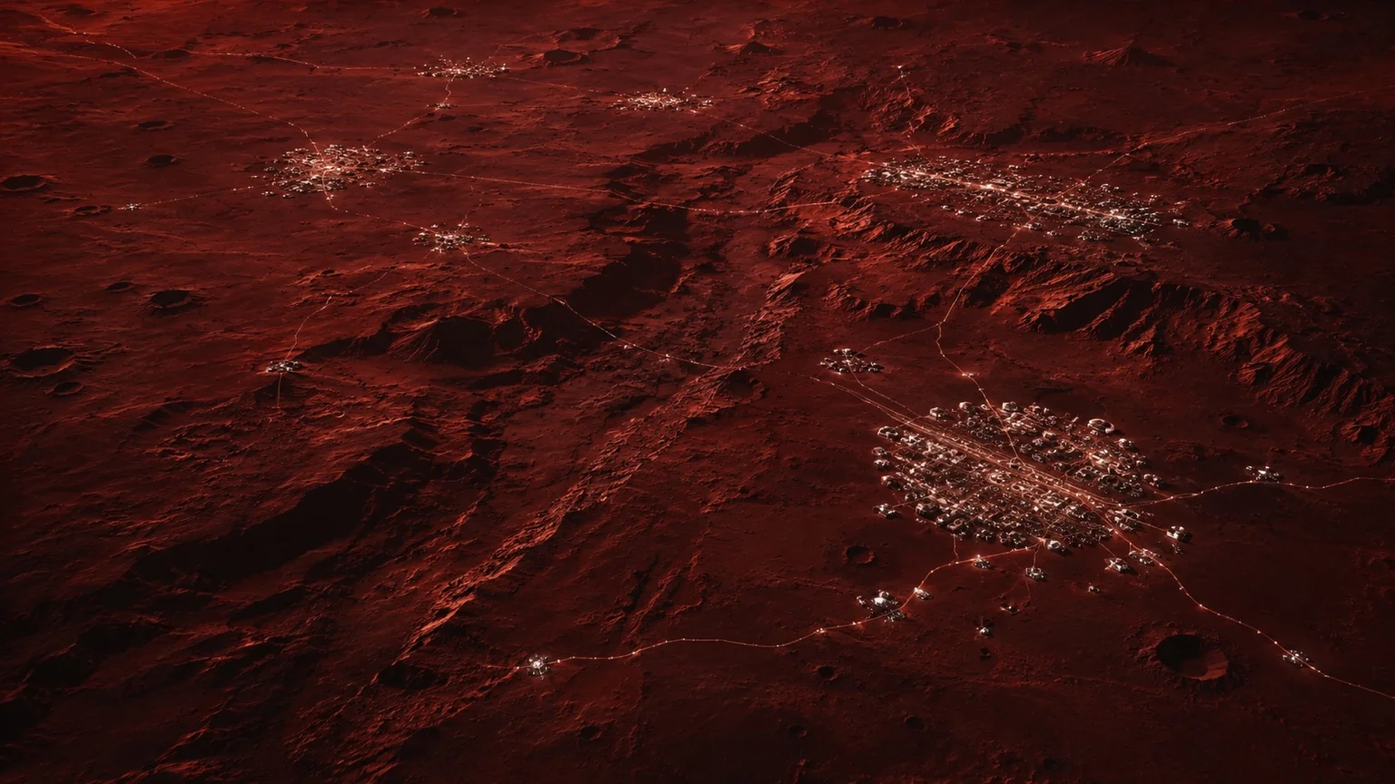 Concept illustration of interconnected future settlements across the surface of Mars, viewed from above.