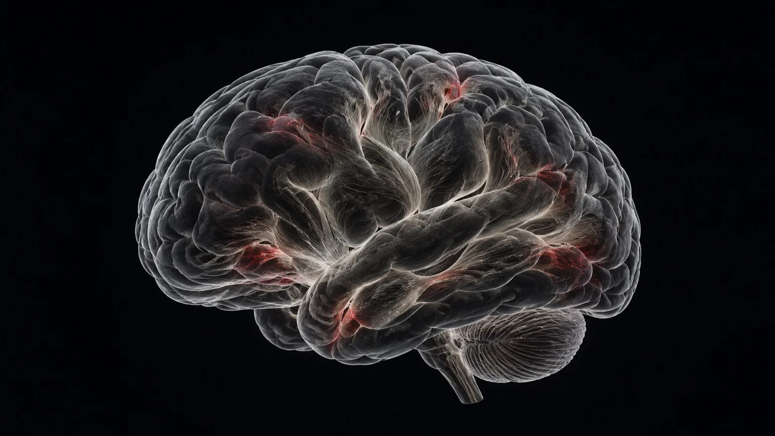 Illustrative rendering of a translucent human brain with fine white pathways and subtle red highlights.