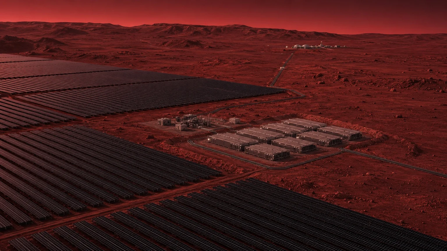 Concept illustration of solar arrays and energy storage infrastructure supplying a future Mars settlement.