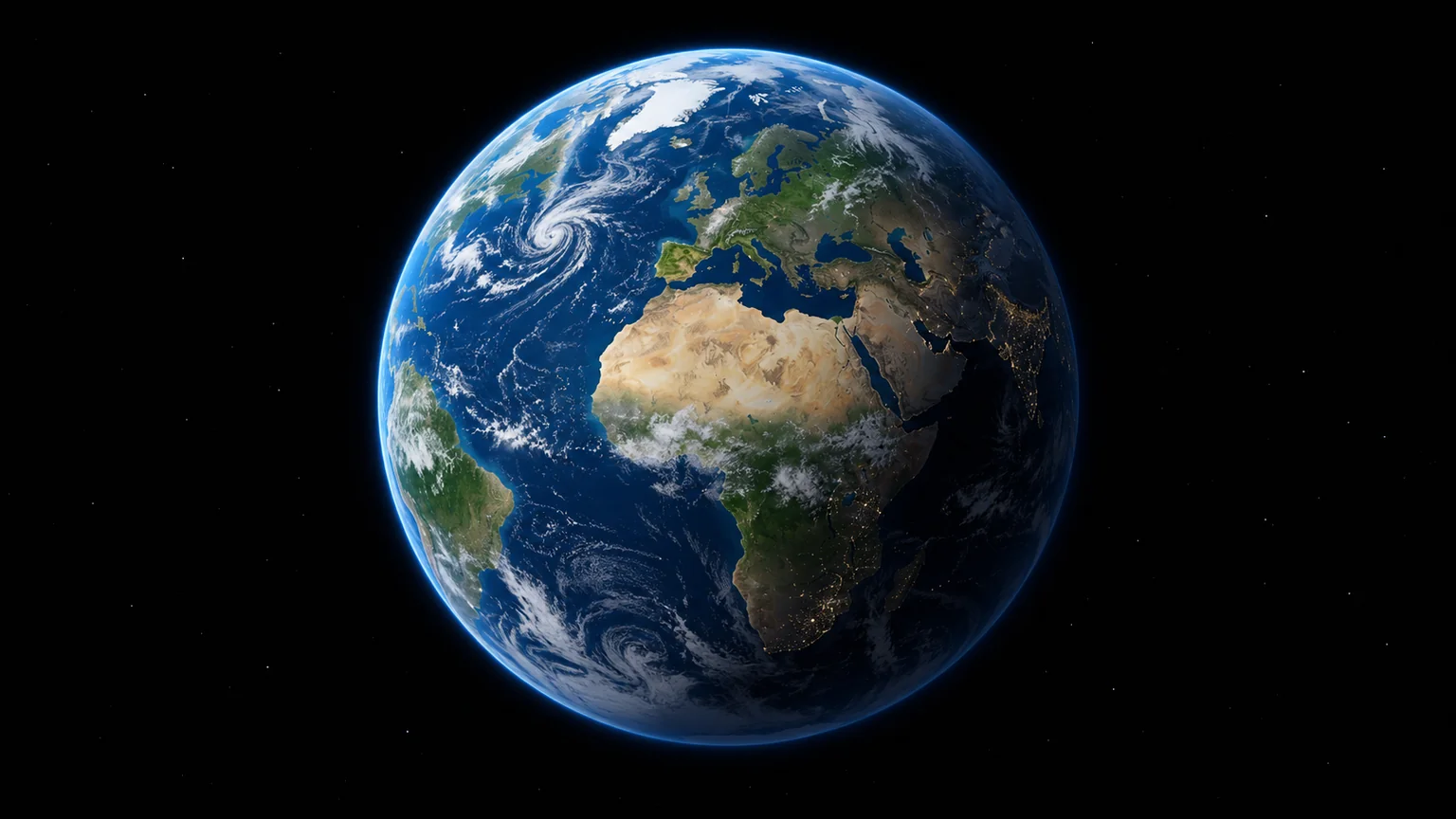 Illustration of Earth with blue oceans, cloud systems and a delicate atmospheric rim against black space.