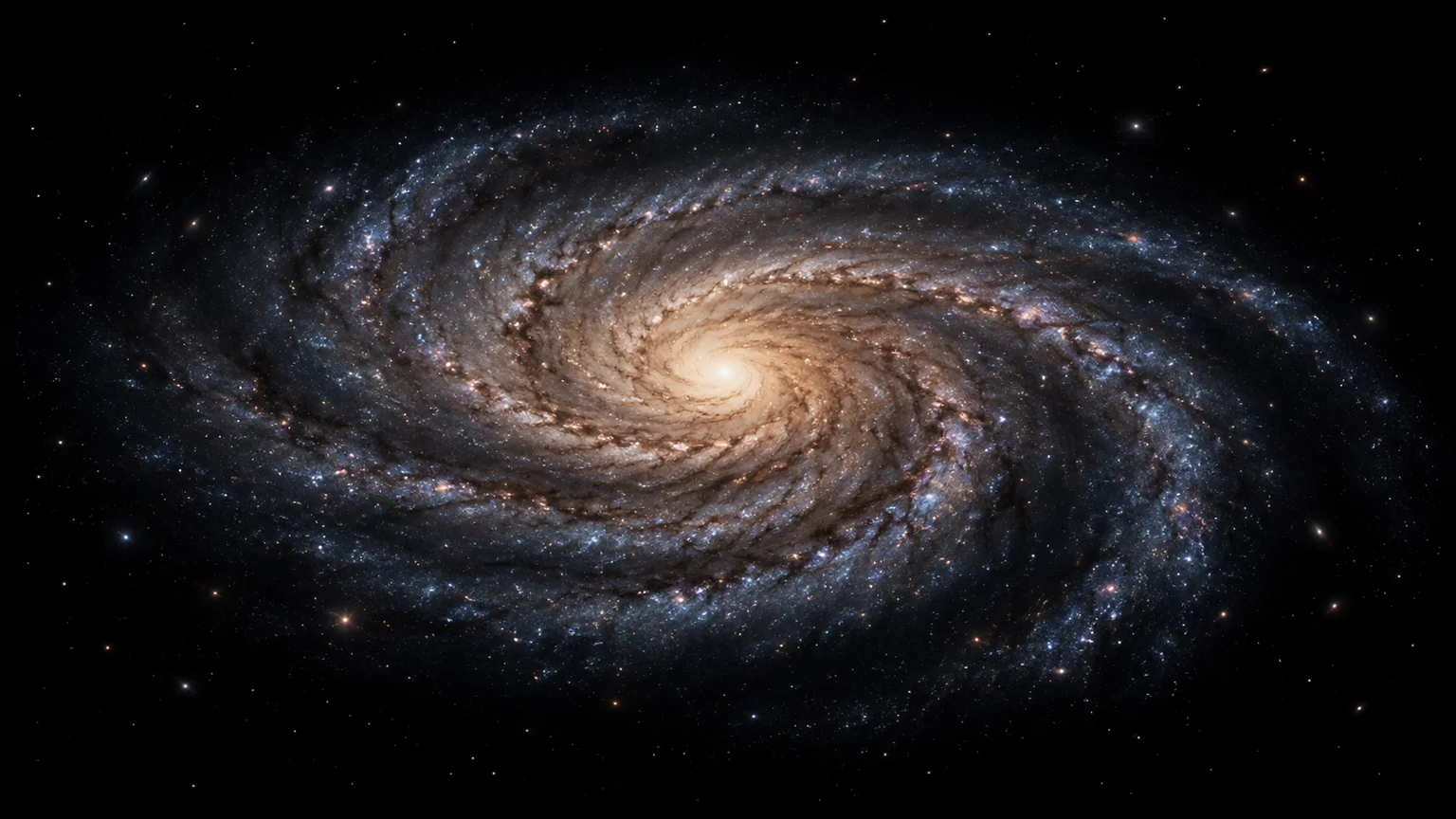 Artistic view of a spiral galaxy inspired by the Milky Way, with a luminous centre, fine stars and dark dust lanes.