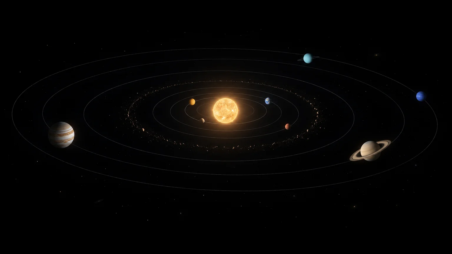 Illustration of the Sun and planets on faint orbital paths, with distances compressed for visibility.