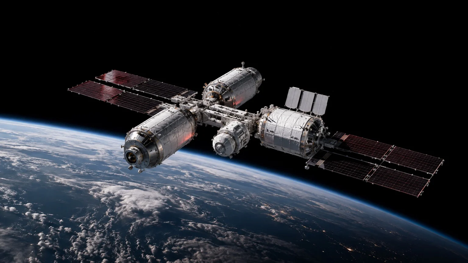 Concept illustration of a modular orbital outpost with solar arrays above Earth's curved horizon.